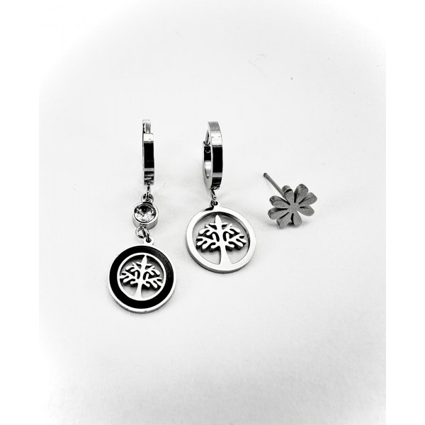 Gümüş Hayat Ağacı Detaylı Üçlü Küpe